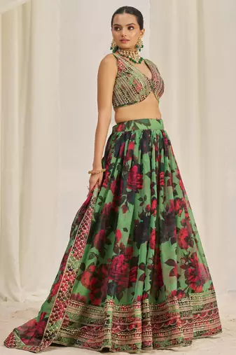 Parrot Green Zari Dori And Sequins Embroidery On Floral Printed Organza Designer Party Wear Lehenga