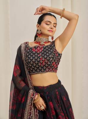 Black Zari Dori And Sequins Embroidery On Floral Printed Organza Designer Floral Lehenga Choli 3