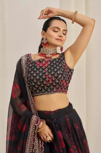 Black Zari Dori And Sequins Embroidery On Floral Printed Organza Designer Floral Lehenga Choli