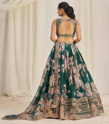 Fetching Dark Green Zari Dori And Sequins Embroidery On Floral Printed Designer Organza Lehenga Choli Lattest Design 5