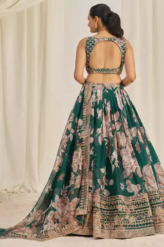 Fetching Dark Green Zari Dori And Sequins Embroidery On Floral Printed Designer Organza Lehenga Choli Lattest Design