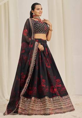 Black Zari Dori And Sequins Embroidery On Floral Printed Organza Designer Floral Lehenga Choli 4