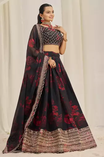 Black Zari Dori And Sequins Embroidery On Floral Printed Organza Designer Floral Lehenga Choli