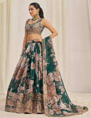 Fetching Dark Green Zari Dori And Sequins Embroidery On Floral Printed Designer Organza Lehenga Choli Lattest Design 6
