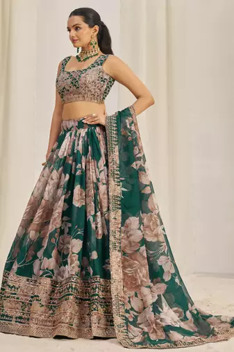 Fetching Dark Green Zari Dori And Sequins Embroidery On Floral Printed Designer Organza Lehenga Choli Lattest Design