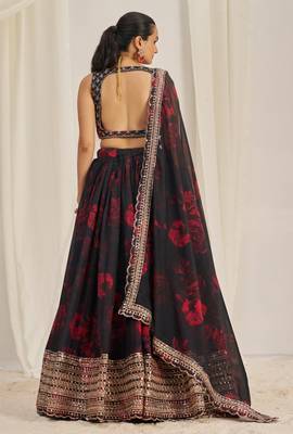 Black Zari Dori And Sequins Embroidery On Floral Printed Organza Designer Floral Lehenga Choli 5
