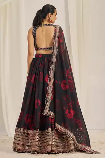 Black Zari Dori And Sequins Embroidery On Floral Printed Organza Designer Floral Lehenga Choli