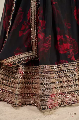 Black Zari Dori And Sequins Embroidery On Floral Printed Organza Designer Floral Lehenga Choli