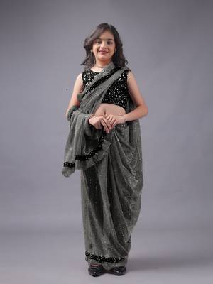Elegant Lycra Readymade Grey Kids Saree With Black Blouse 1