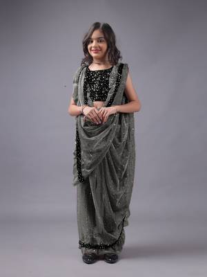Elegant Lycra Readymade Grey Kids Saree With Black Blouse 2