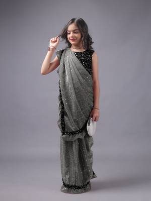 Elegant Lycra Readymade Grey Kids Saree With Black Blouse 3