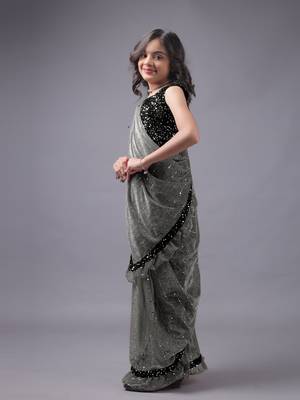 Elegant Lycra Readymade Grey Kids Saree With Black Blouse 4