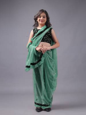 Elegant Lycra Readymade Sky Blue Kids Saree With Black Blouse 1
