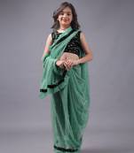 Elegant Lycra Readymade Sky Blue Kids Saree With Black Blouse