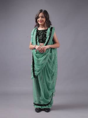 Elegant Lycra Readymade Sky Blue Kids Saree With Black Blouse 2