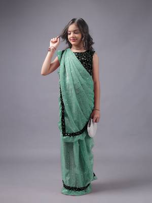 Elegant Lycra Readymade Sky Blue Kids Saree With Black Blouse 3