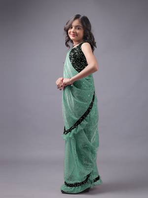 Elegant Lycra Readymade Sky Blue Kids Saree With Black Blouse 4