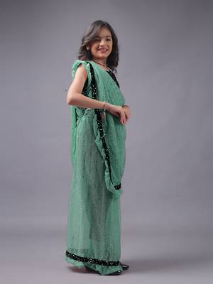 Elegant Lycra Readymade Sky Blue Kids Saree With Black Blouse 5