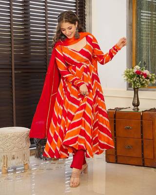 Leheriya designer anarkali kurti set with dupatta and pants 1