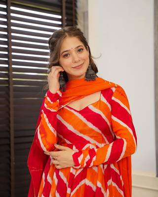 Leheriya designer anarkali kurti set with dupatta and pants 2