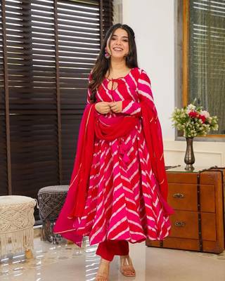 Crimson Leheriya designer anarkali kurti set with dupatta and pants 1