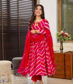 Crimson Leheriya designer anarkali kurti set with dupatta and pants