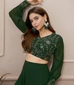 Janasya women's dark green georgette zari embroidered crop top with skirt set