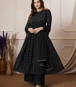 Janasya women's black georgette foil printed anarkali kurta set