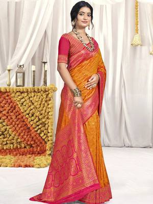 Sangam prints orange silk woven work festival saree 1