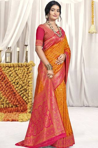 Sangam prints orange silk woven work festival saree