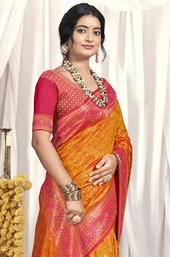 Sangam prints orange silk woven work festival saree