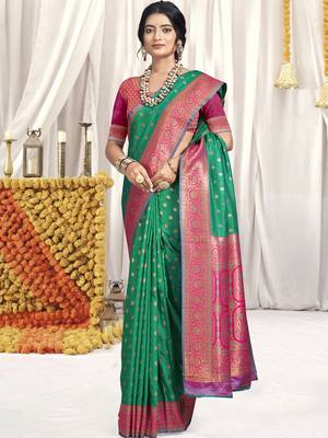 Sangam prints green silk woven work festival saree 1