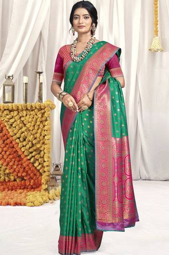 Sangam prints green silk woven work festival saree