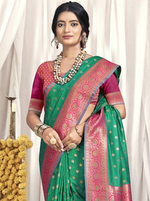 Sangam prints green silk woven work festival saree 2