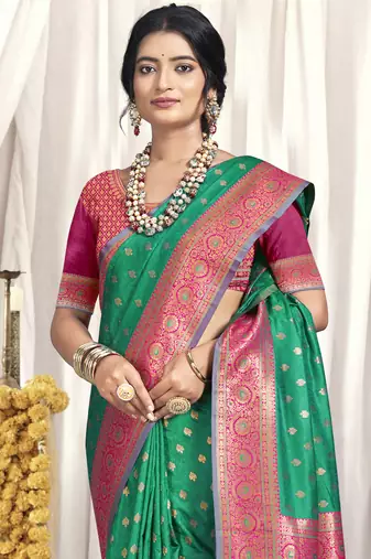 Sangam prints green silk woven work festival saree