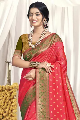 Sangam prints pink silk woven work festival saree