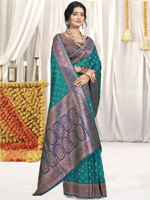 Sangam prints sky blue silk woven work festival saree 1