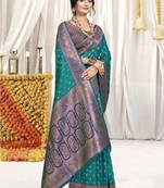 Sangam prints sky blue silk woven work festival saree