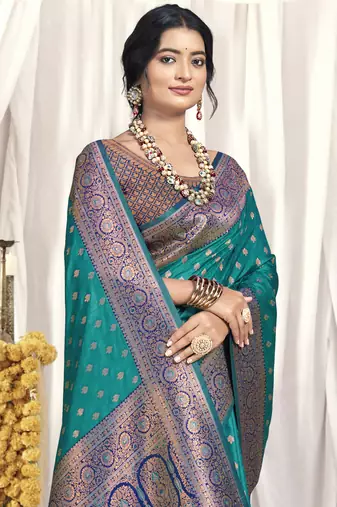 Sangam prints sky blue silk woven work festival saree