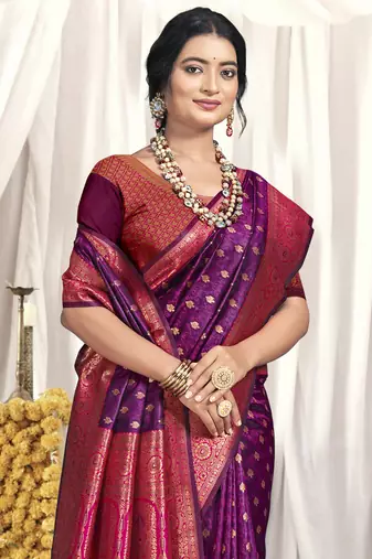 Sangam prints purple silk woven work festival saree