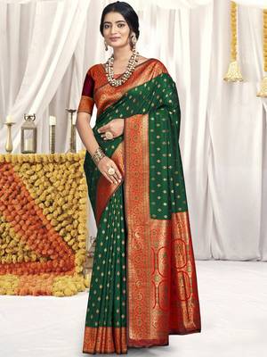 Sangam prints bottle green silk woven work festival saree 1