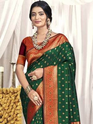 Sangam prints bottle green silk woven work festival saree 2