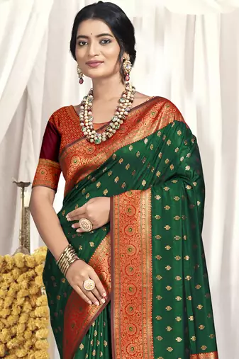 Sangam prints bottle green silk woven work festival saree
