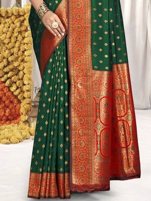 Sangam prints bottle green silk woven work festival saree 3