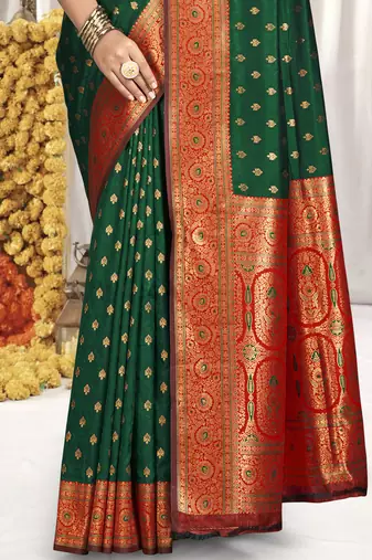 Sangam prints bottle green silk woven work festival saree