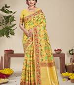 Sangam prints yellow silk woven work festival saree