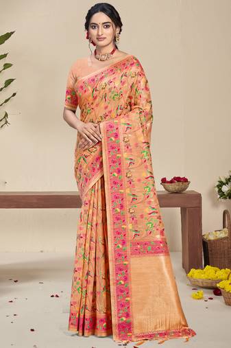 Sangam prints peach silk woven work festival saree