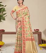Sangam prints beige silk woven work festival saree