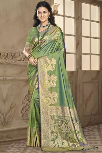 Sangam prints green silk woven work festival saree