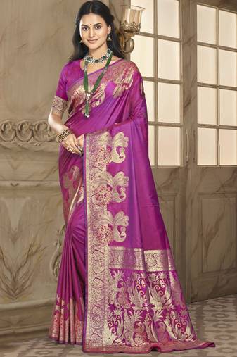 Sangam prints magenta silk woven work festival saree